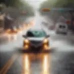 A car driving cautiously on a wet Austin road with heavy rain pouring down and water puddles visible on the street. The car's headlights are on, and reflections from the rain create a slippery surface, with buildings and trees in the background.