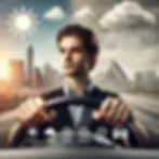 A confident young driver behind the wheel on a road in Austin, with various weather elements subtly depicted: sunshine, distant rain clouds, and a misty horizon. The driver is calm and focused, with the iconic Austin skyline visible in the background, demonstrating preparedness for any weather conditions.