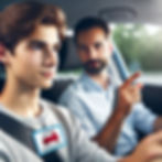 A learner driver focused on the road, with a certified driving instructor beside them giving calm guidance by pointing ahead. The image reflects a supportive learning environment during driving test preparation.