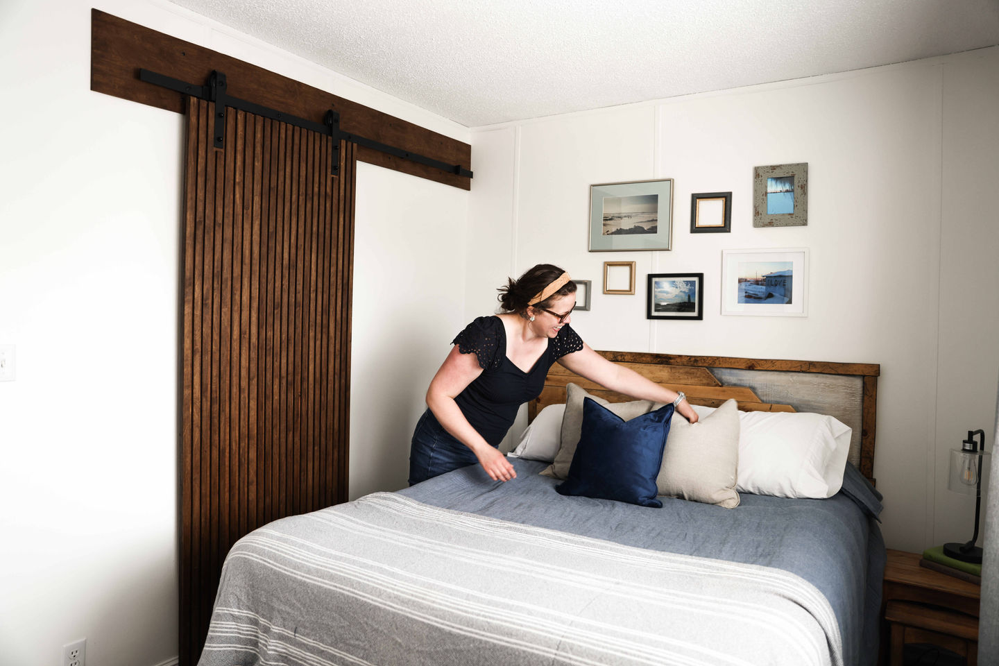 Wooden slat sliding door in spare bedroom in Yellowknife.