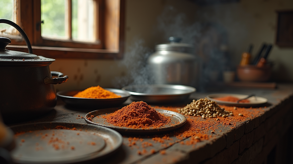 Eye-level view of a traditional Cajun kitchen with pots and spices
