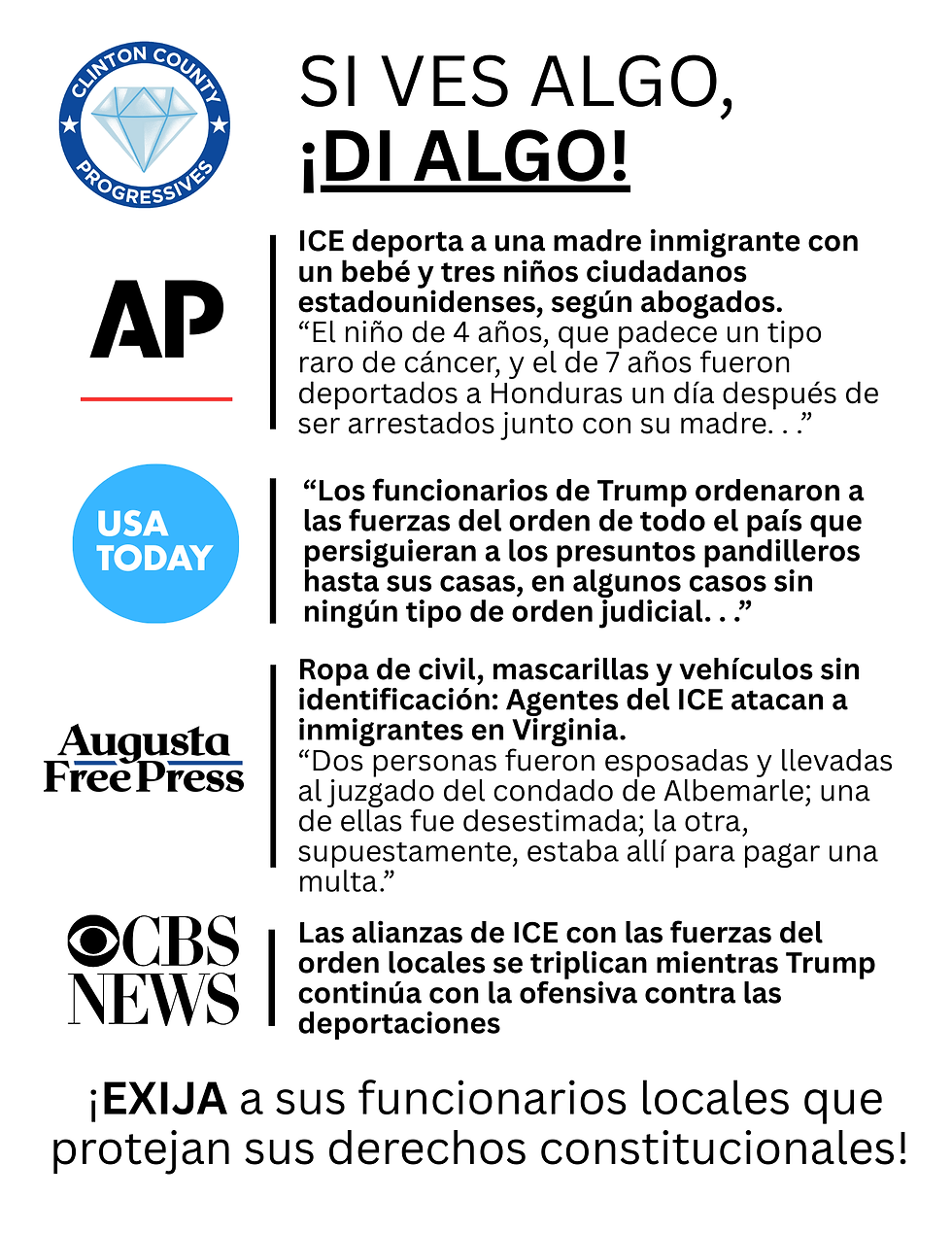 Flyer asking those who see suspicious activity to speak out, and to demand local officials protect their rights. Spanish version.