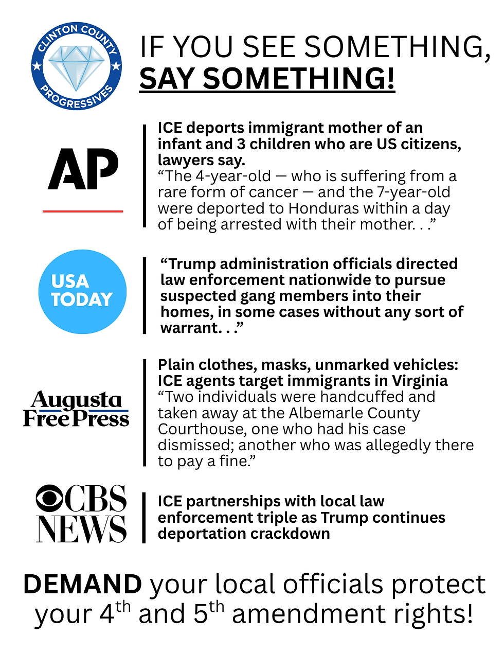 Flyer asking those who see suspicious activity to speak out, and to demand local officials protect their rights. English version.