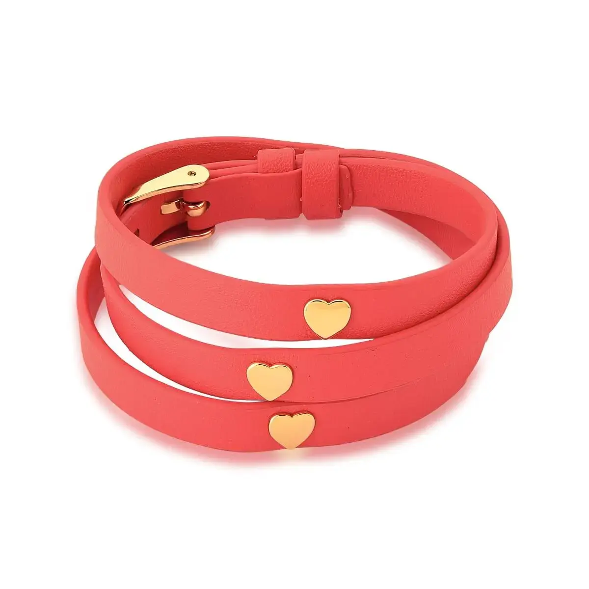 Pulseira três voltas em courino rosa com corações banhados a ouro 18k