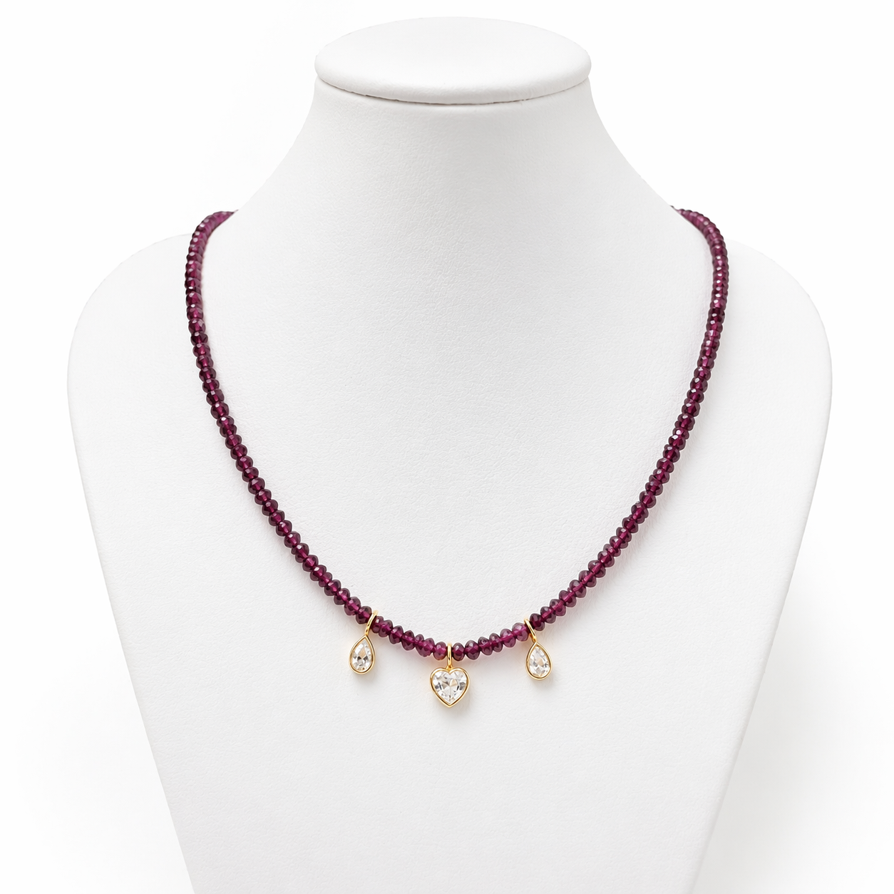 Colar Fio em Pedras Naturais Granada com 3 pingentes em Prata com banho Ouro