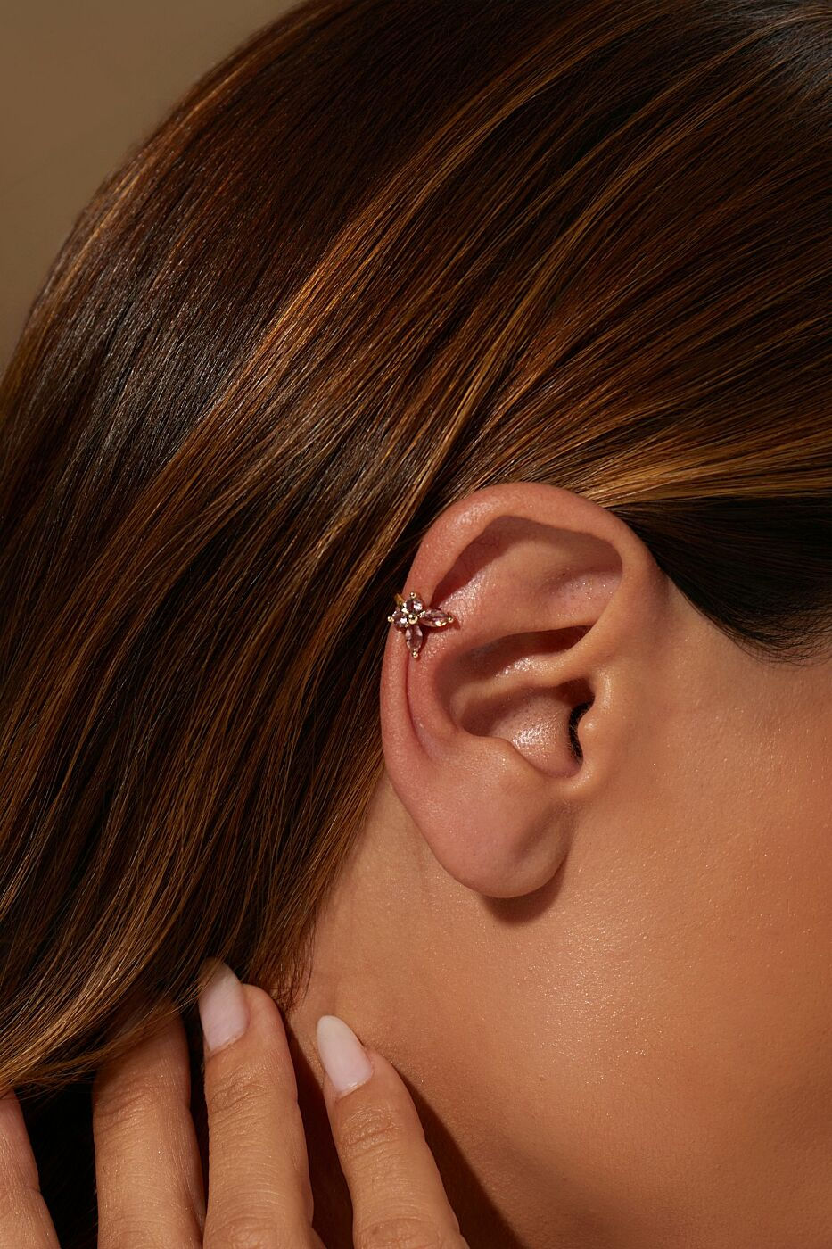 Miniatura: Piercing Fake Borboleta com Cristal Turmalina Rosa e Banho de Ouro 18K