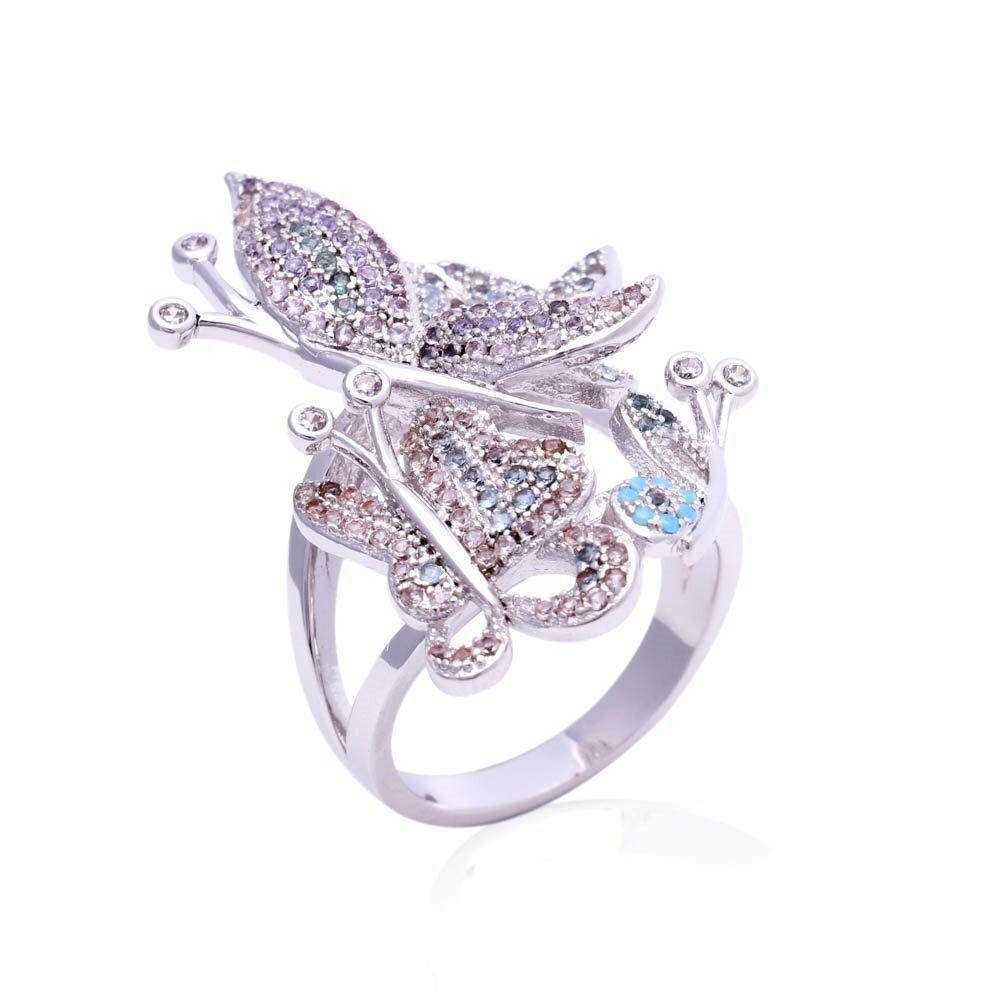 Anel borboletas zircôneas brancas e nano turquesas