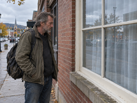 A man looks solemnly through a four-pane apartment window on a small-town street.