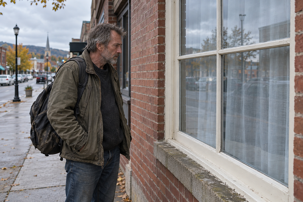 A man looks solemnly through a four-pane apartment window on a small-town street.