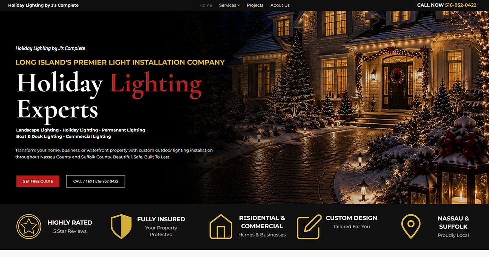 Holiday Lights By J website showing a professionally illuminated home