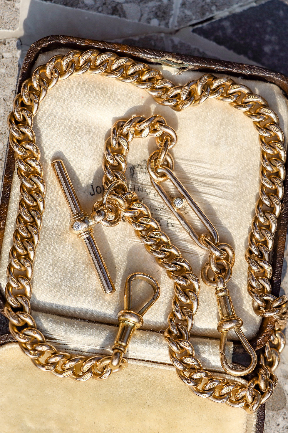 Thumbnail: Antique 9ct Gold Mixed-Link Albert Watch Chain With Old-Cut Diamonds