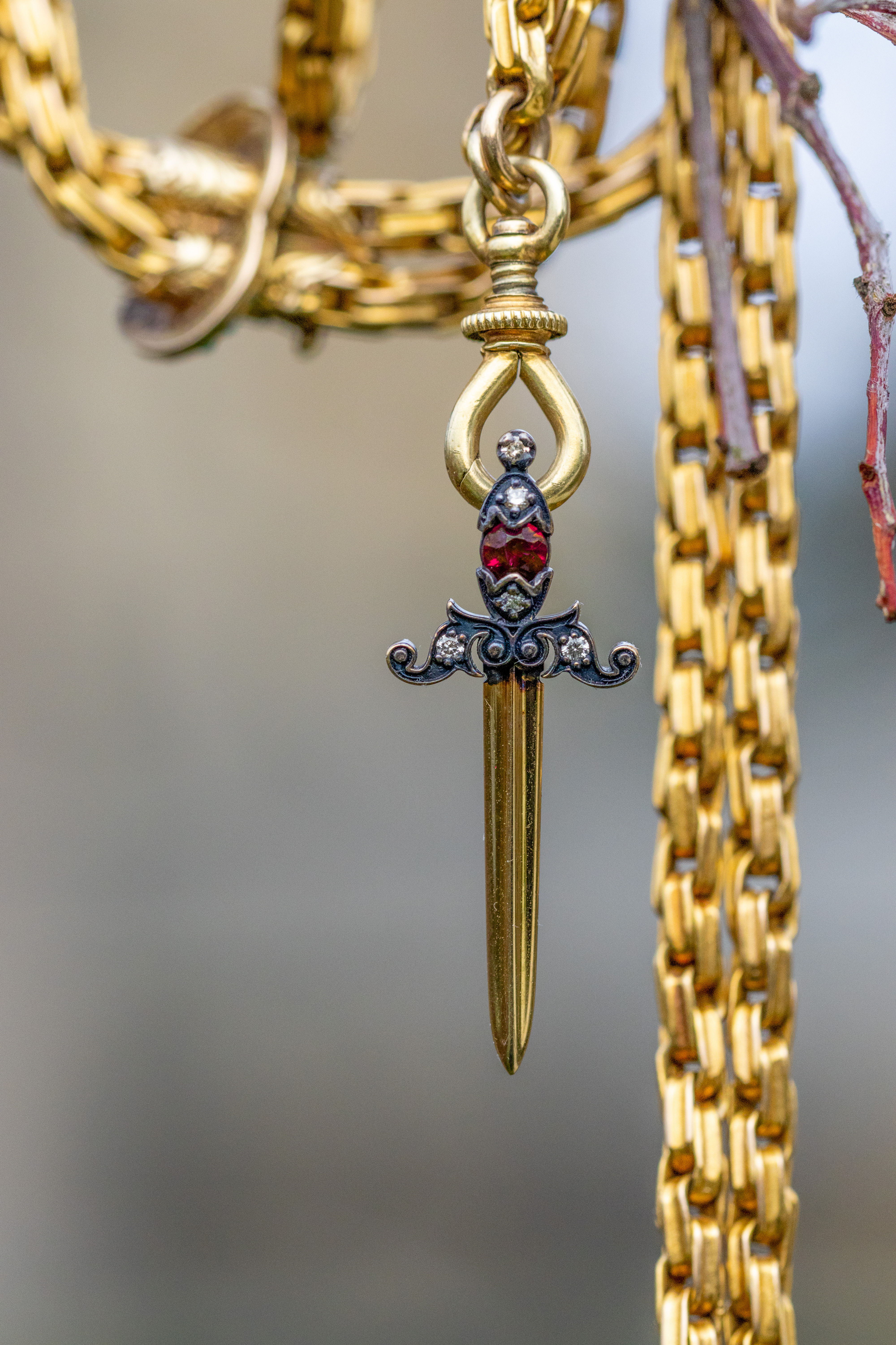 18ct Gold Dagger Pendant with Diamonds and Ruby