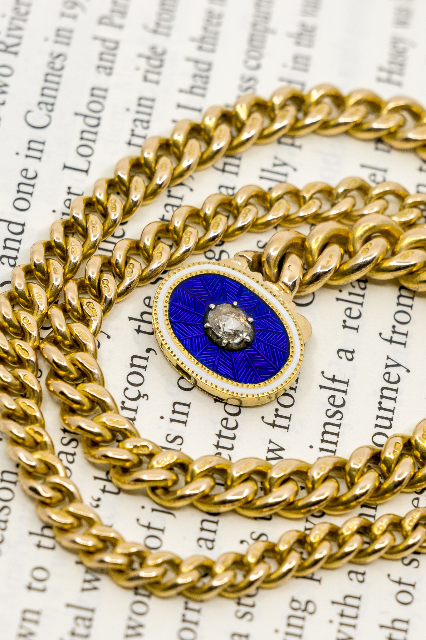 Rare Antique 18ct Curb Chain With Georgian Rose-Cut Diamond Blue Enamel Clasp
