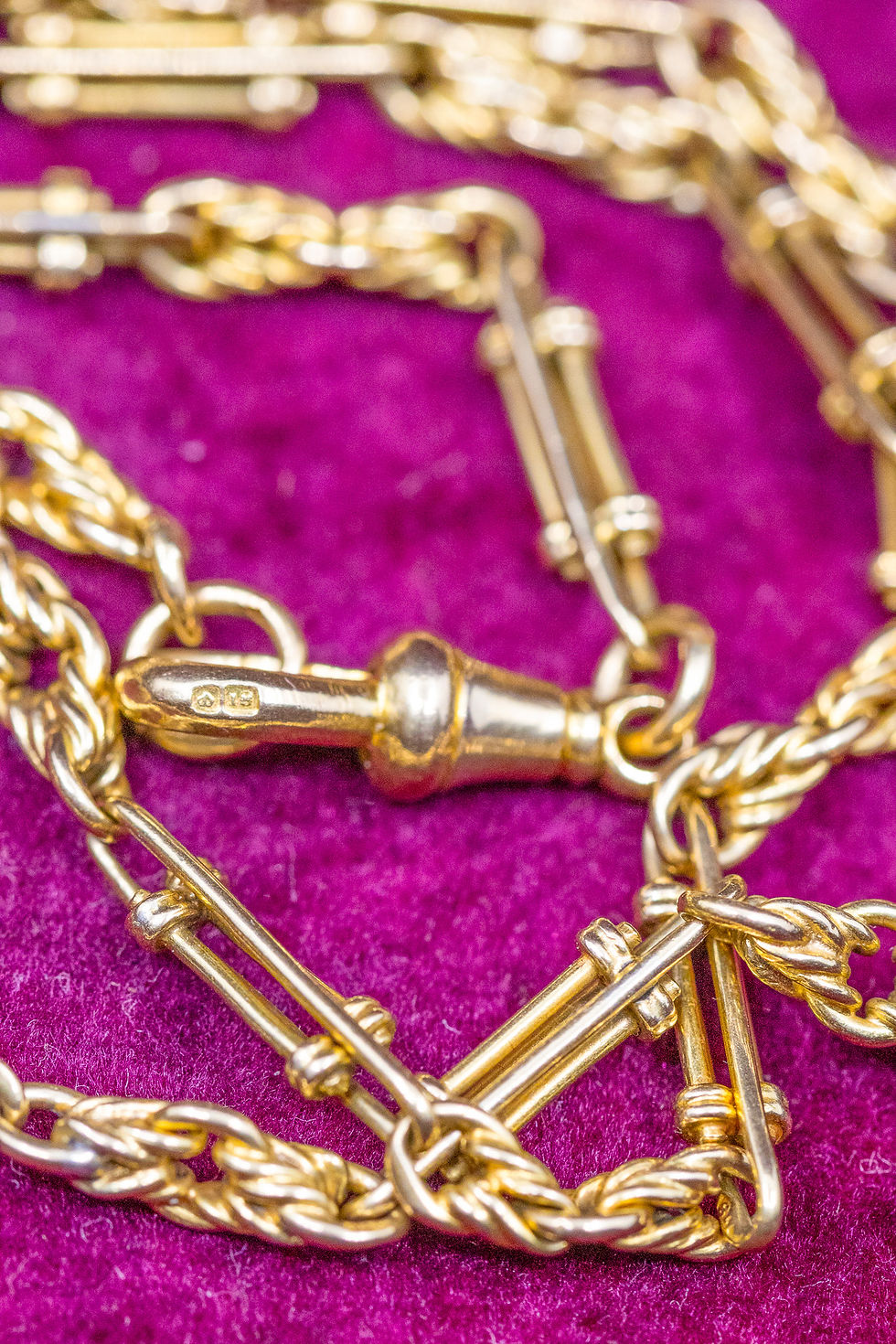 サムネイル： Antique 18ct Gold Fancy Trombone And Knot Link Chain With Dog Clip