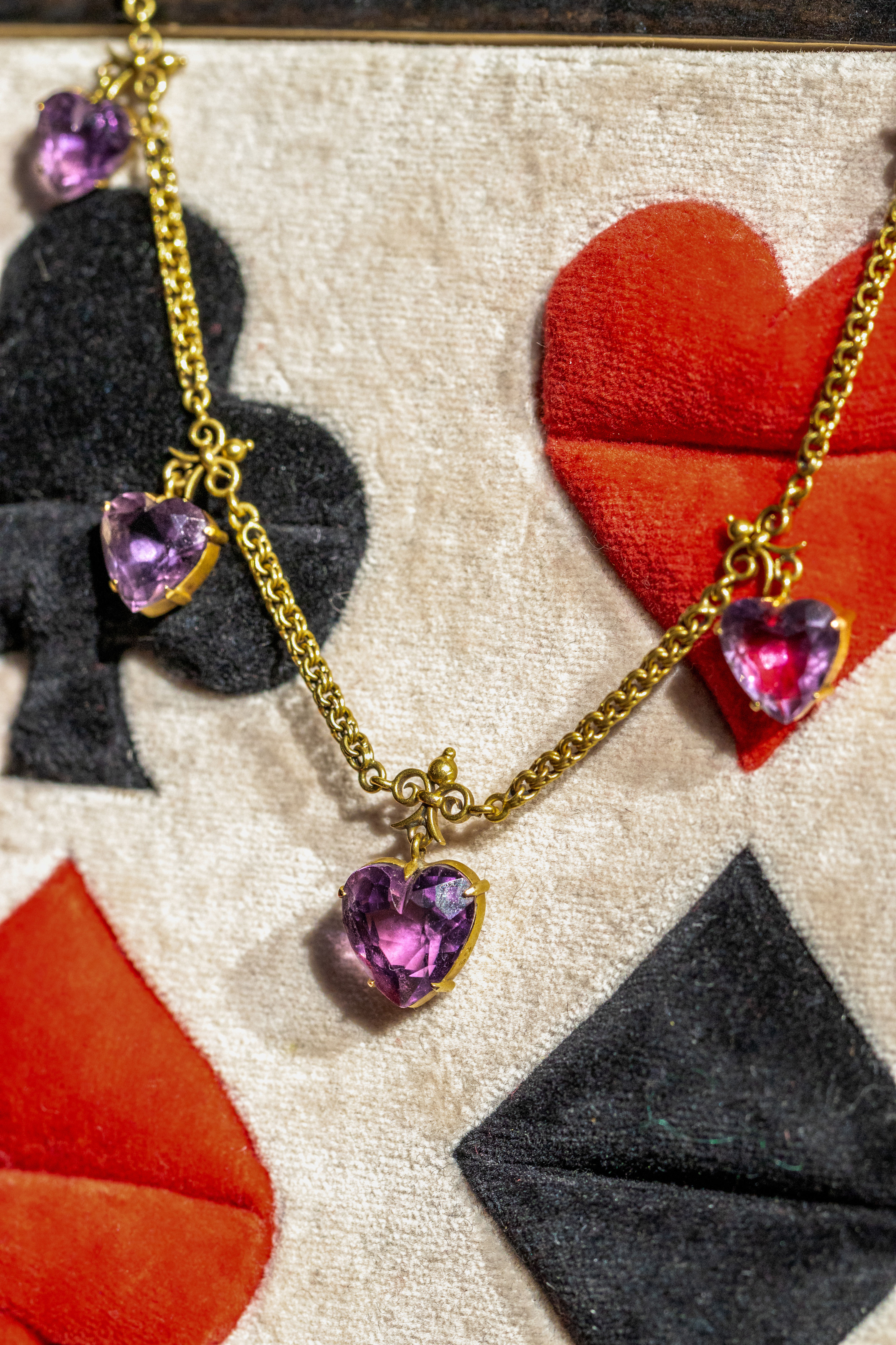 Victorian 15-Carat Gold Amethyst Heart Fringe Necklace with Fleur de Lis Detail