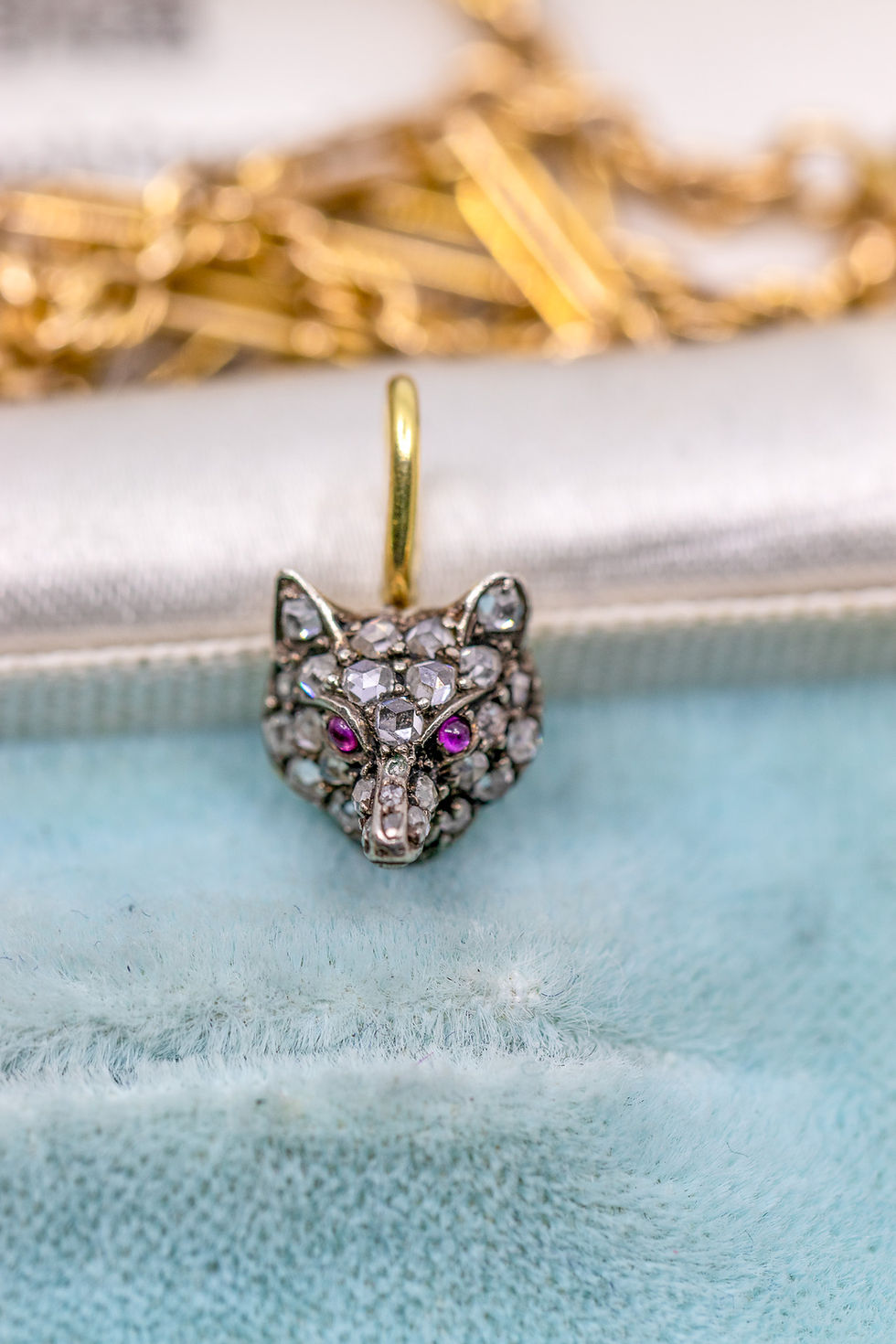 Miniatura: Antique Rose-Cut Diamond Fox Pendant With Bright Ruby Cabochon Eyes