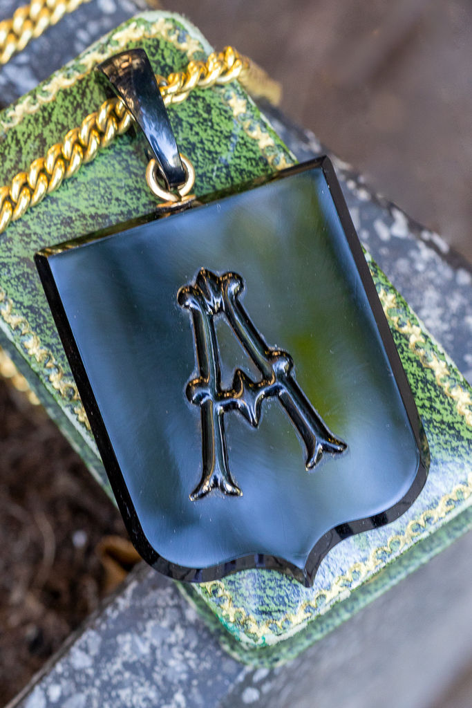 Antique Victorian Black Onyx Initial ‘A’ Pendant with Madonna & Child Miniature