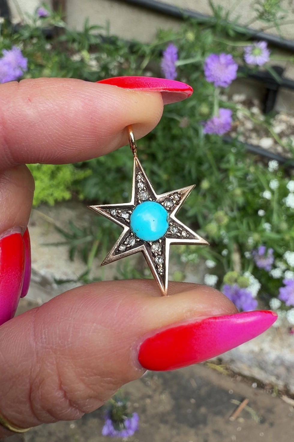 Miniaturebillede: Antique Victorian turquoise and diamond North Star pendant conversion in 15ct gold with handcrafted 18ct bail.