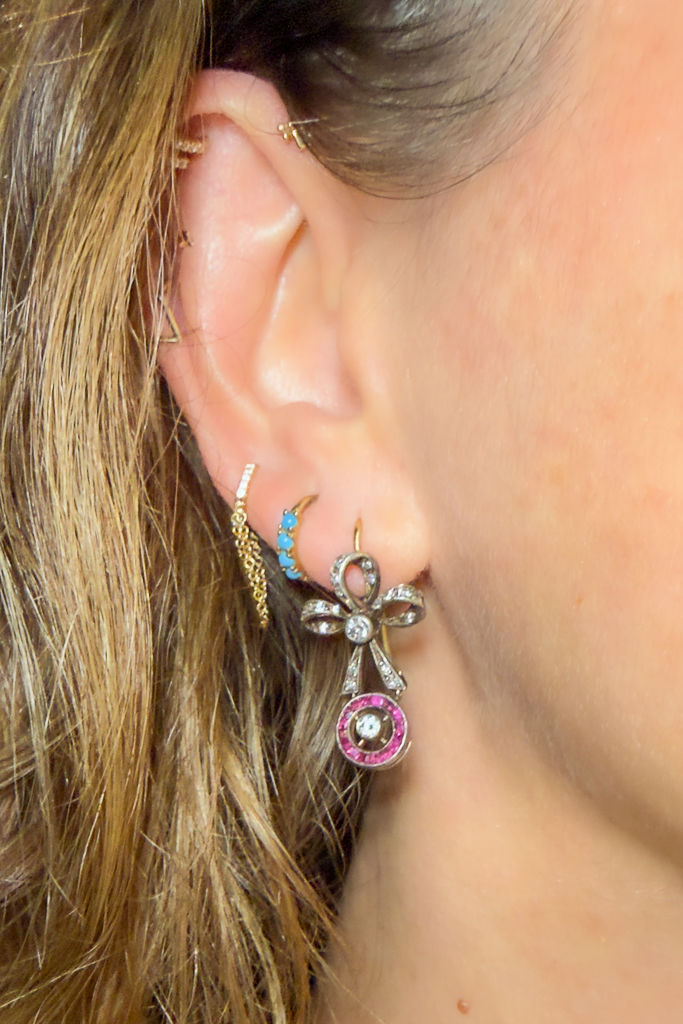 Belle Époque Diamond Bow & Ruby Target Drop Earrings, c.1900-1910