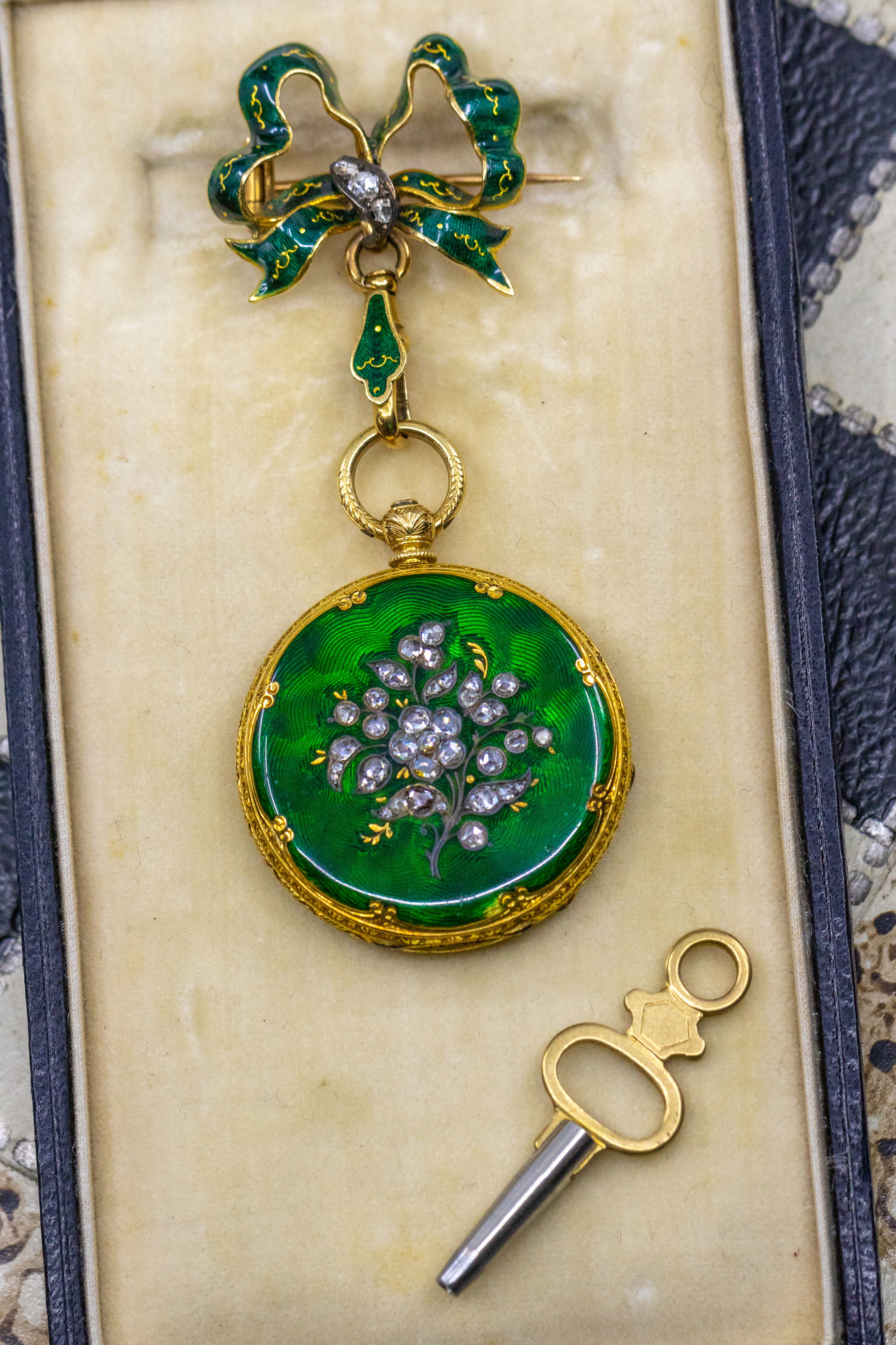 Antique 18ct Gold Badollet Pocket Watch & Brooch Set with Diamonds & Enamel