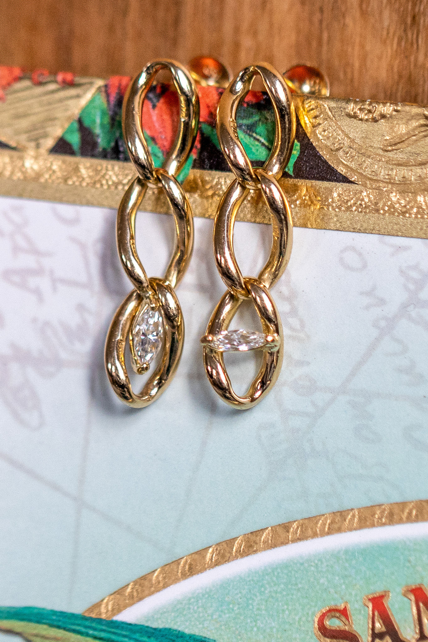 Diamond And Antique 18ct Gold Curb Chain Earrings With Two Marquise Diamonds