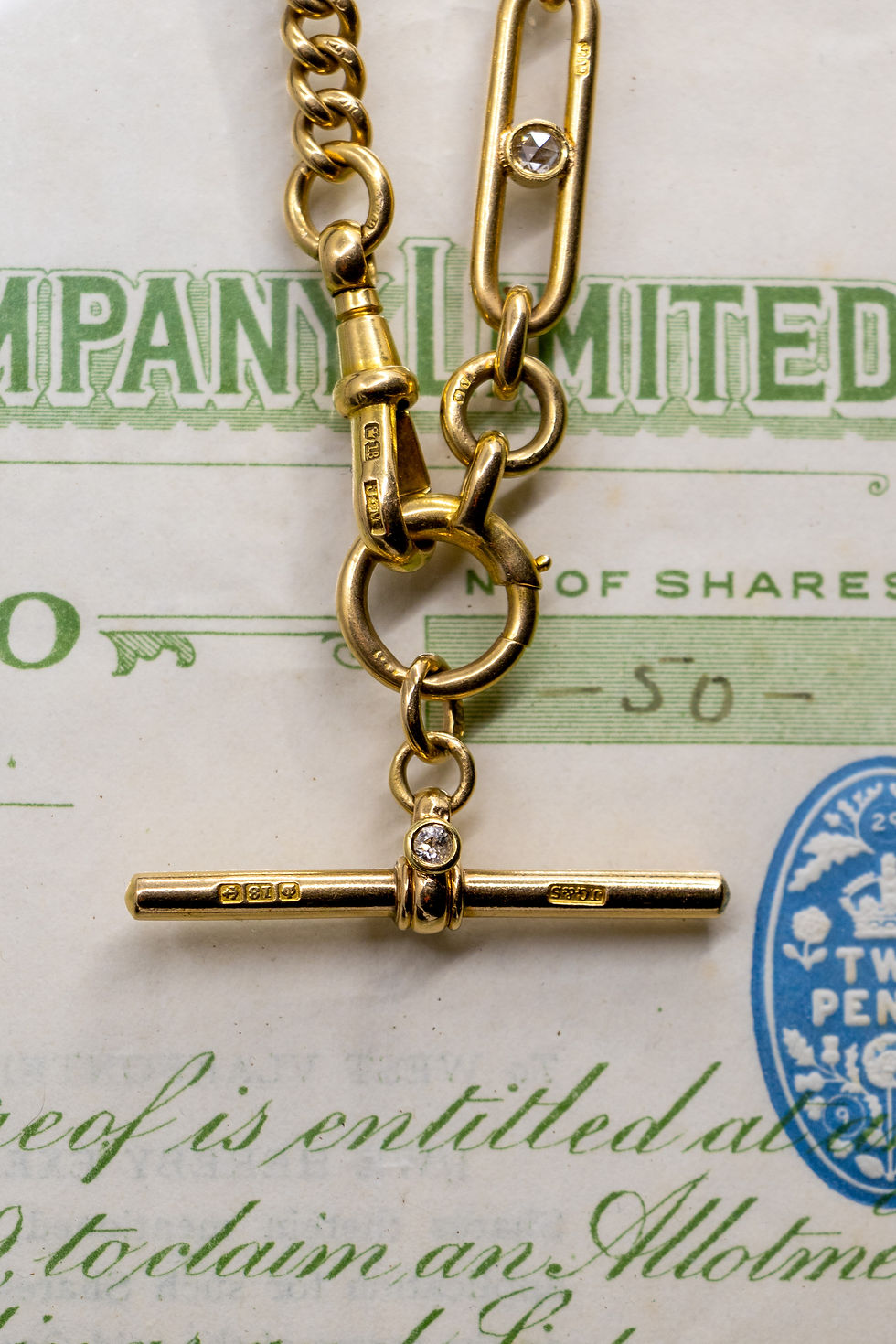 Miniatura: Antique 18ct Gold Mixed-Link Chain With Diamond Trombone Link And Diamond T-Bar