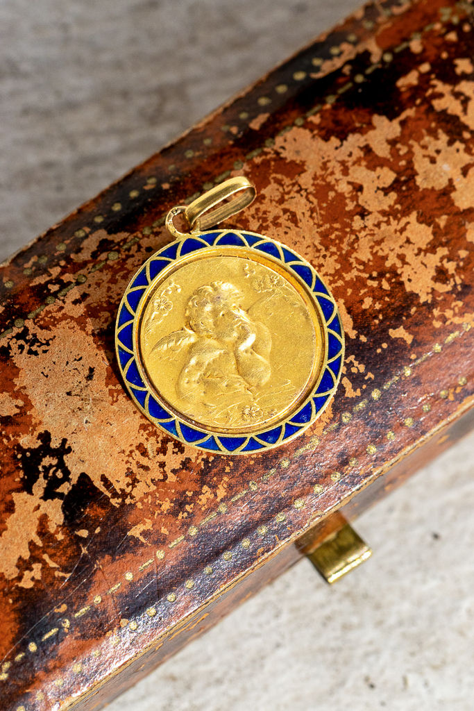 Antique French 18ct Gold & Blue Enamel Cherub Medal Pendant, c.1900