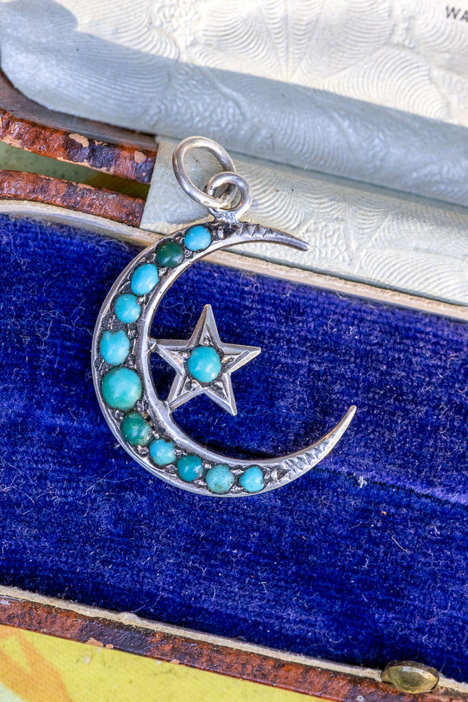 Antique Victorian Turquoise Crescent Moon & Star Pendant | Sterling Silver | c.1890–1910