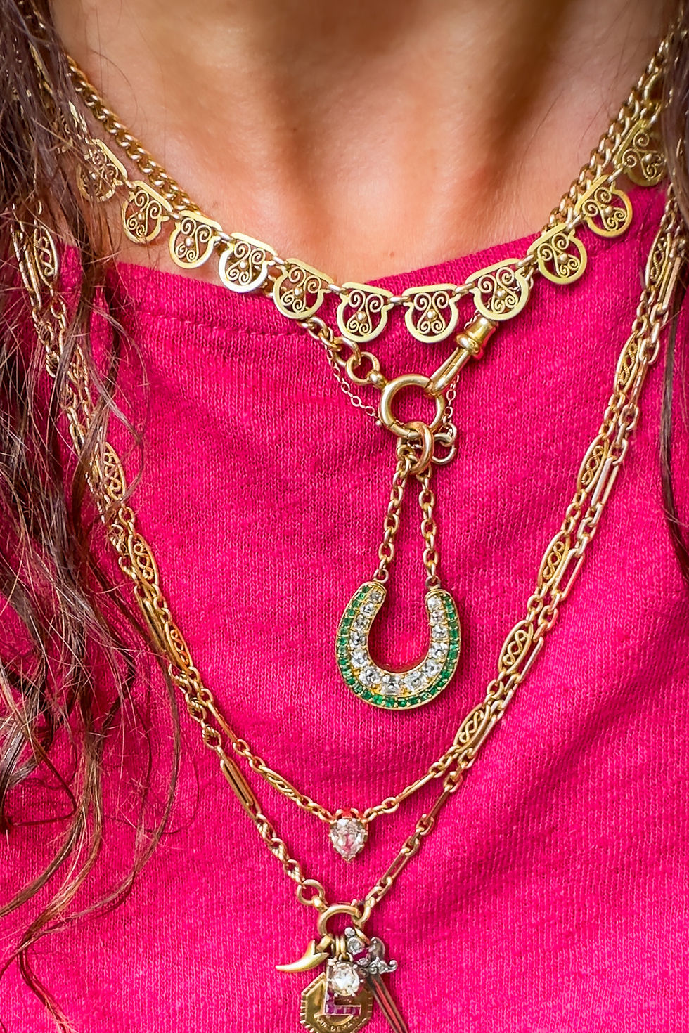 Model wearing the 18ct French filigree collar necklace to show fit and scale