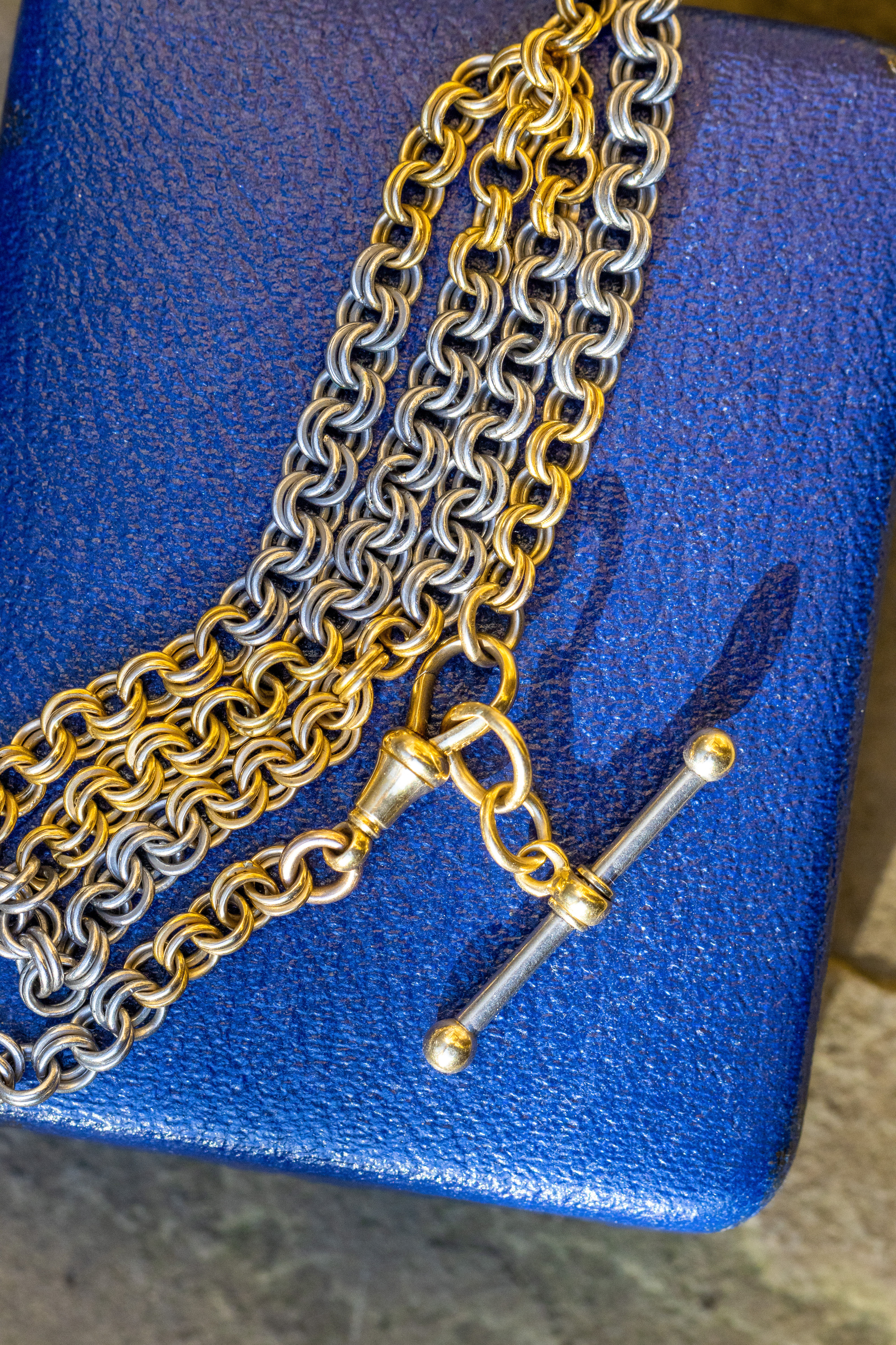 Antique 18ct Gold And Platinum Bicolour Round Link Chain With Bicolour T-Bar