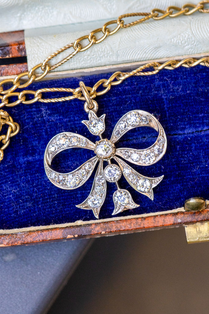 Late Victorian Old Cut Diamond Bow Pendant, Silver & 15ct Gold, c.1890-1900