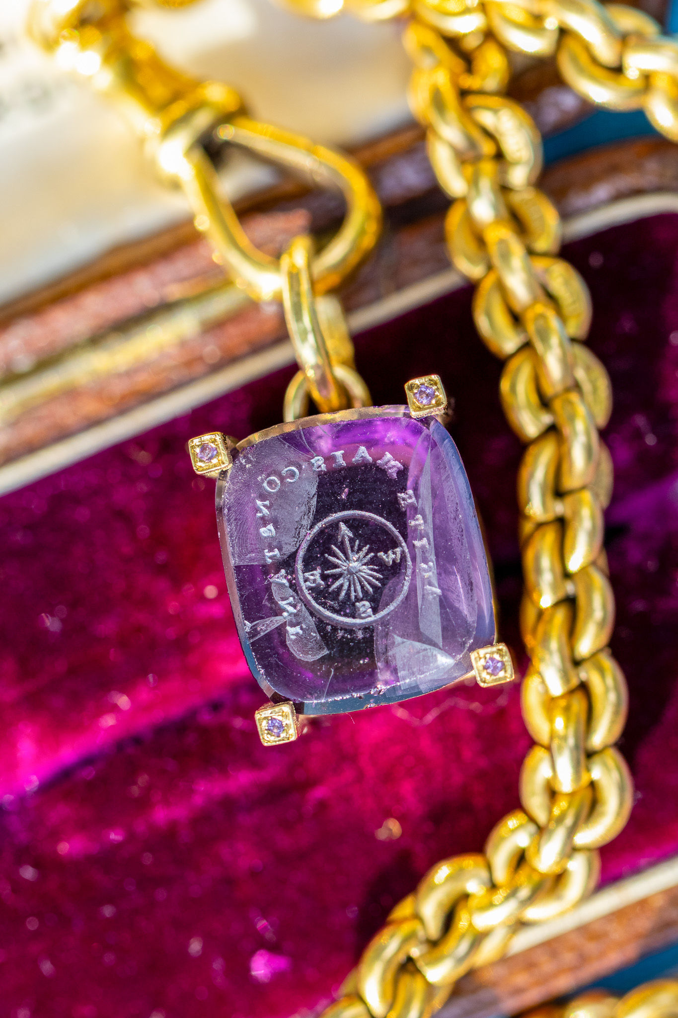 Georgian Amethyst Intaglio Wax Seal Pendant "Agite Mais Constant" With Sapphires