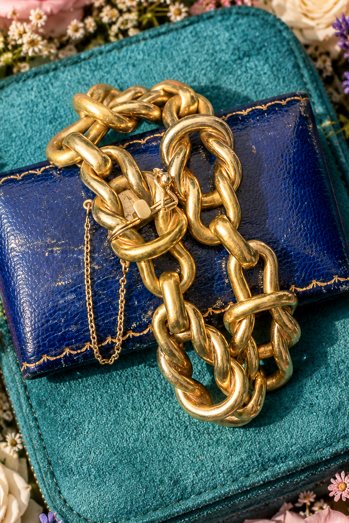 Heavy vintage 18ct gold chunky knot link bracelet with oversized solid sculptural links and hidden clasp.
