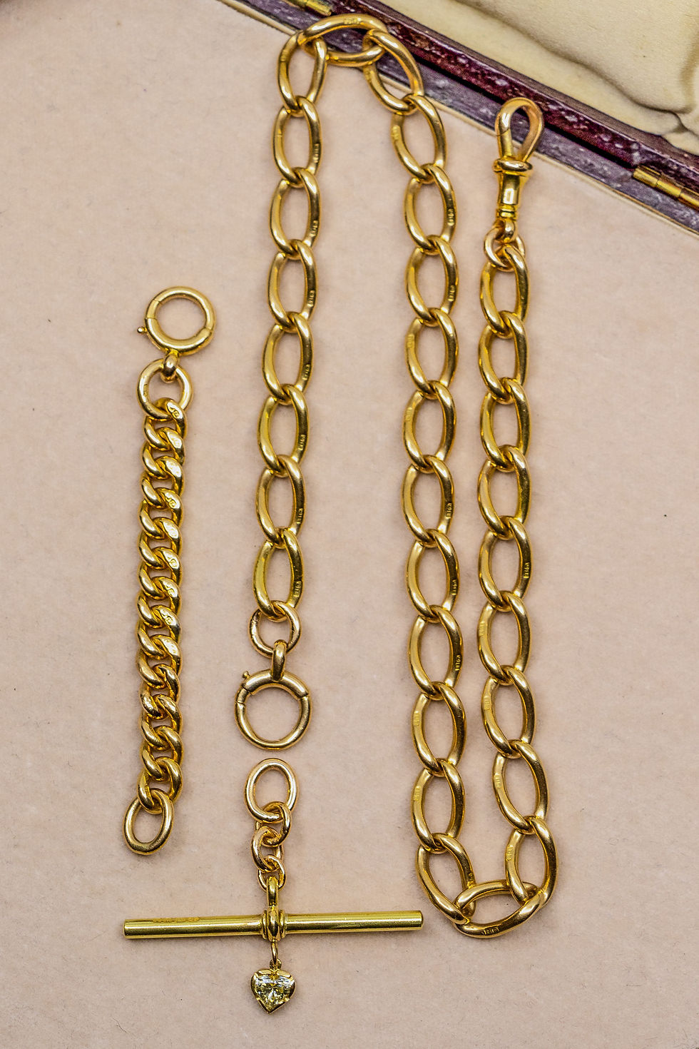 Thumbnail: Antique 18ct Gold Watch Chain, Extender And Yellow Diamond T-Bar Pendant