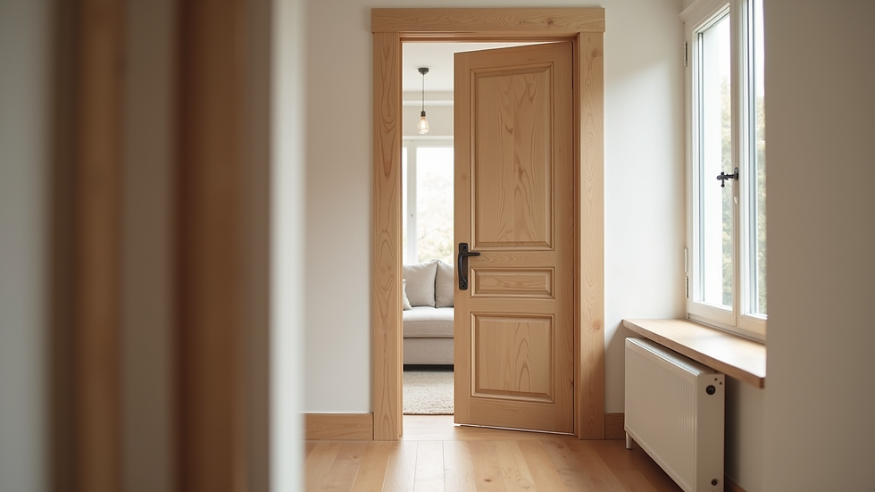 Eye-level view of a solid wood door being installed in a home interior