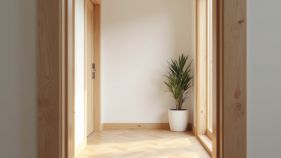 Eye-level view of a home interior with freshly installed pine trim around doors