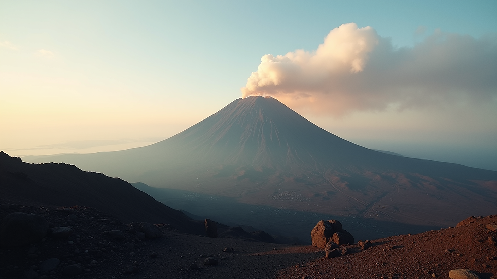 Wide angle view of Mount Etna with smoke rising from the crater