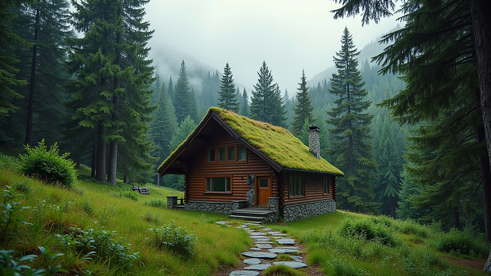 Wide angle view of a cozy mountain cabin surrounded by lush green forest