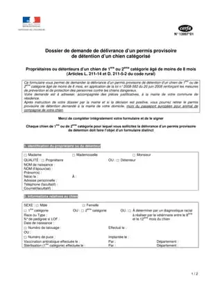 Aperçu du formulaire CERFA de demande de permis provisoire de détention pour un chien de catégorie 1 ou 2