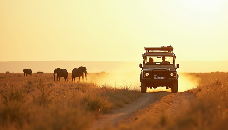 Eye-level view of a safari jeep driving through the African savannah with elephants in the distance