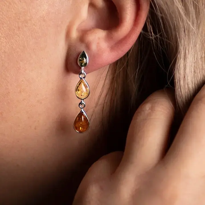 Thumbnail: 925 Sterling Silver and Genuine Baltic Amber Dangly Drop Earrings