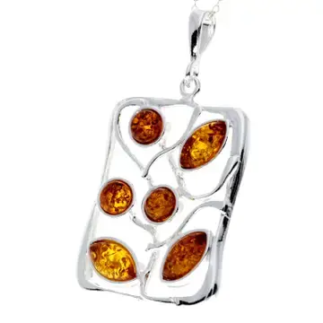Thumbnail: 925 Sterling Silver & Genuine Baltic Amber 6 Stones Large Modern Necklace