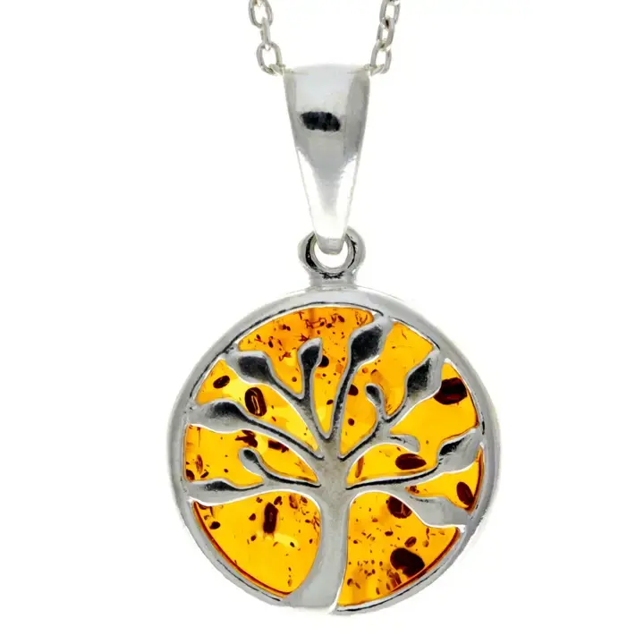 925 Sterling Silver & Genuine Baltic Amber Tree of Life Necklace