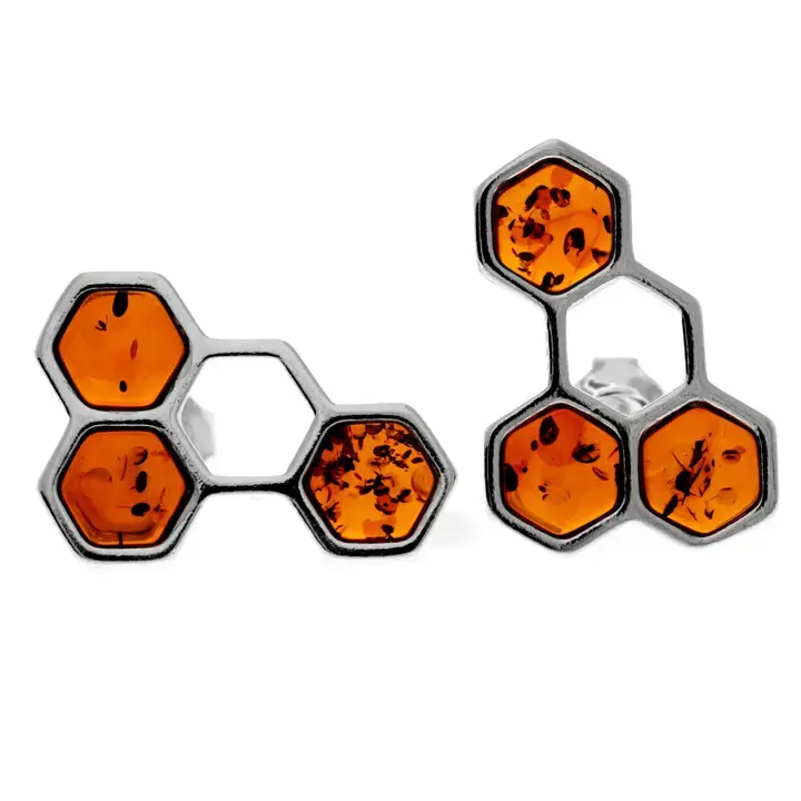 Thumbnail: 925 Sterling Silver & Genuine Baltic Amber Honeycombs Studs Earrings