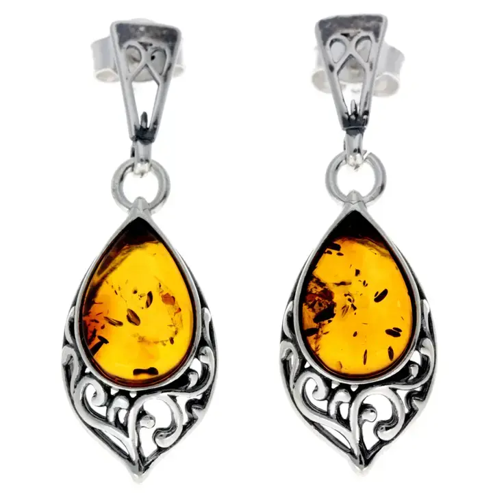925 Sterling Silver & Genuine Baltic Amber Modern Drop Earrings