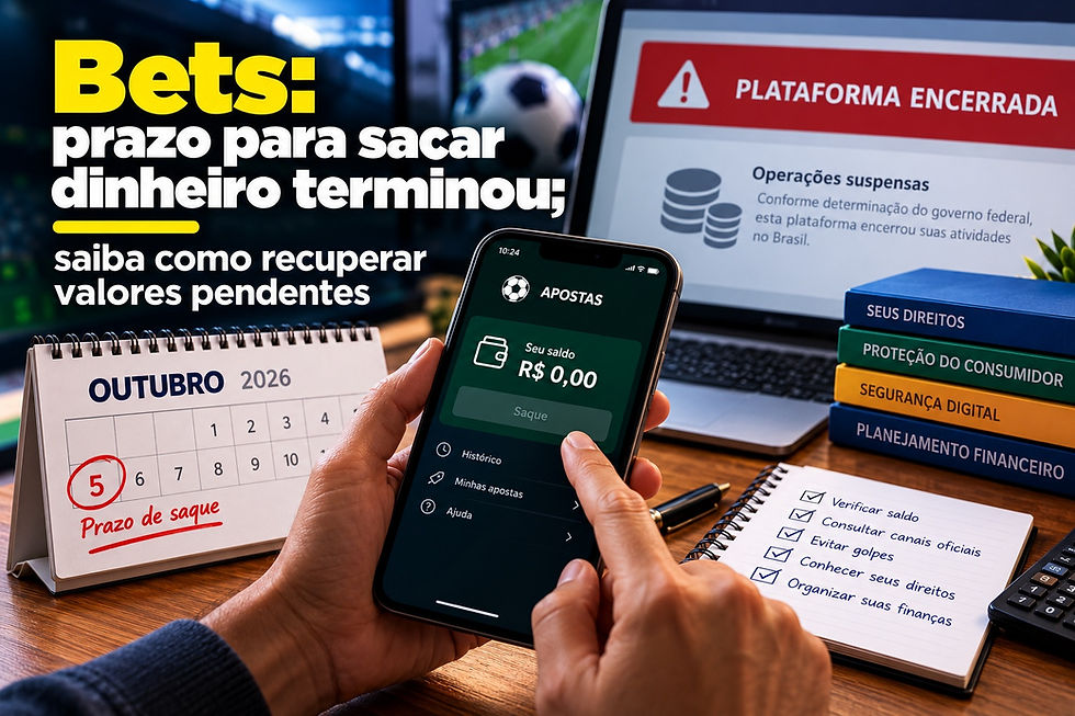 Ilustração sobre o encerramento das plataformas de apostas on-line, com celular exibindo conta encerrada, calendário marcando o prazo de saque e orientações sobre restituição de valores e proteção do consumidor.