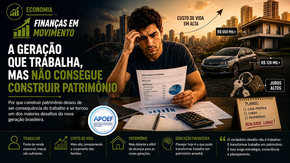 Jovem trabalhador analisando seu orçamento mensal diante de uma cidade com imóveis e carro ao fundo, representando a dificuldade de transformar trabalho e renda em patrimônio.