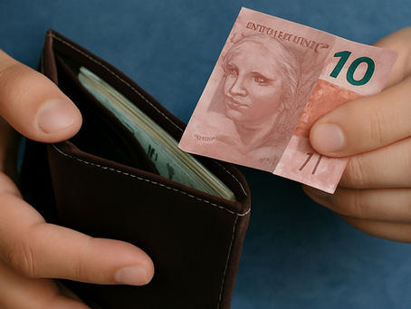 Pessoa segurando uma carteira com notas de R$ 10, simbolizando o início da poupança diária.