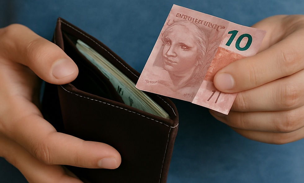 Pessoa segurando uma carteira com notas de R$ 10,00, simbolizando o início da poupança diária.