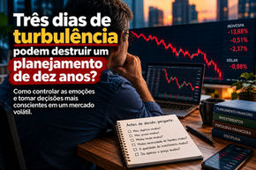 Investidor analisando gráficos financeiros durante uma queda do mercado, representando os desafios emocionais das decisões de longo prazo.